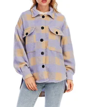 

Leisure Loose Long-sleeved Woolen Purple Plaid Jacket Ladies Large Profile Jacket Fashion New Winter Women 2021 Chic Top Coat