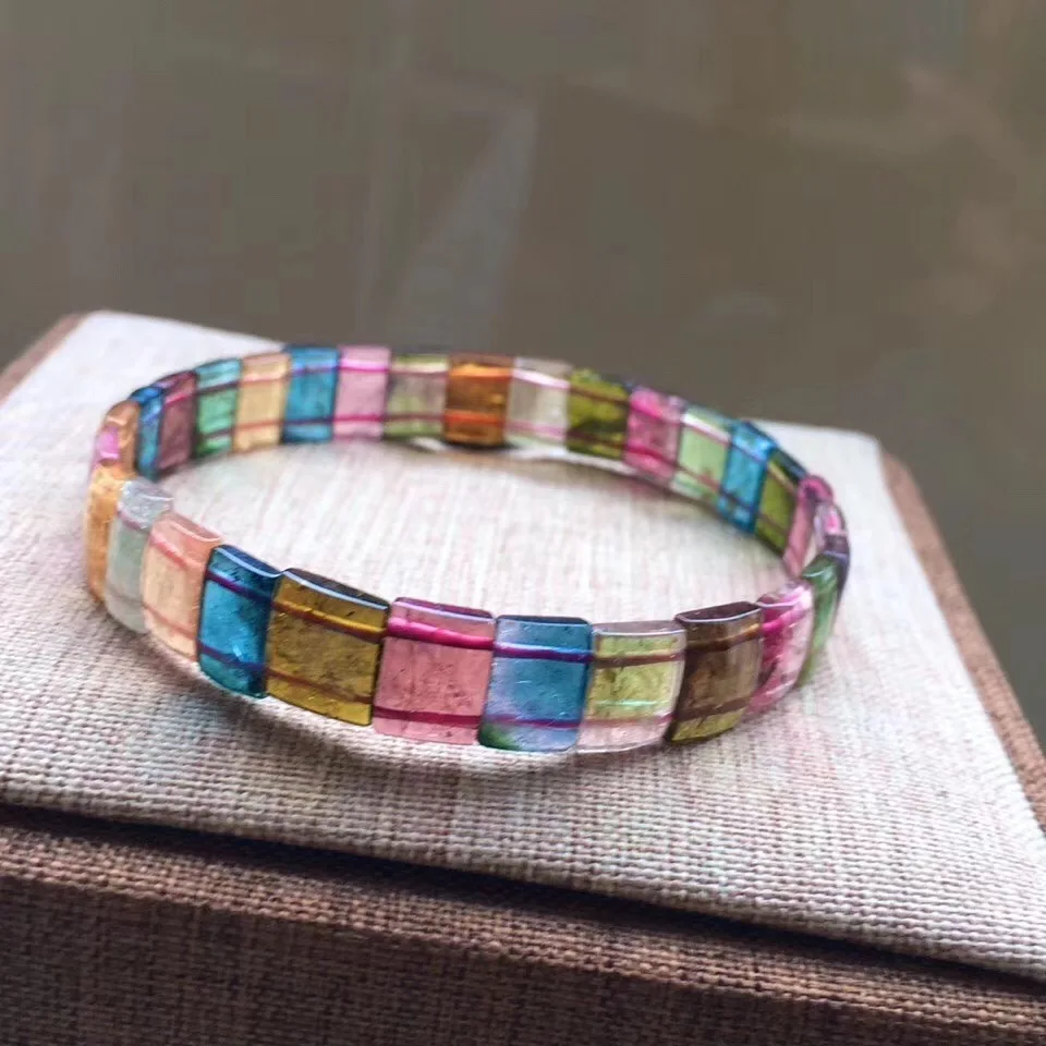 

9x6mm Top Natural Rainbow Tourmaline Quartz Bracelet Jewelry For Woman Man Brazil Crystal Clear Rectangle Beads Bangle AAAAA
