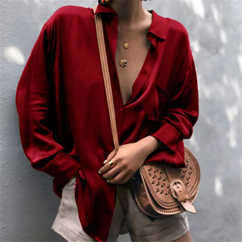 Women Sexy Deep V-neck Satin Blouse Tops Loose Long Sleeve Office Ladies Shirt Casual Solid Silk Female Spring Shirt