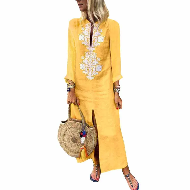 

2019 Autumn Women Sexy V-Neck Long Sleeve Dress Cotton Linen Dress Mujer Vestido Vintage Embroidery Ethnic Beach Boho Maxi Dress