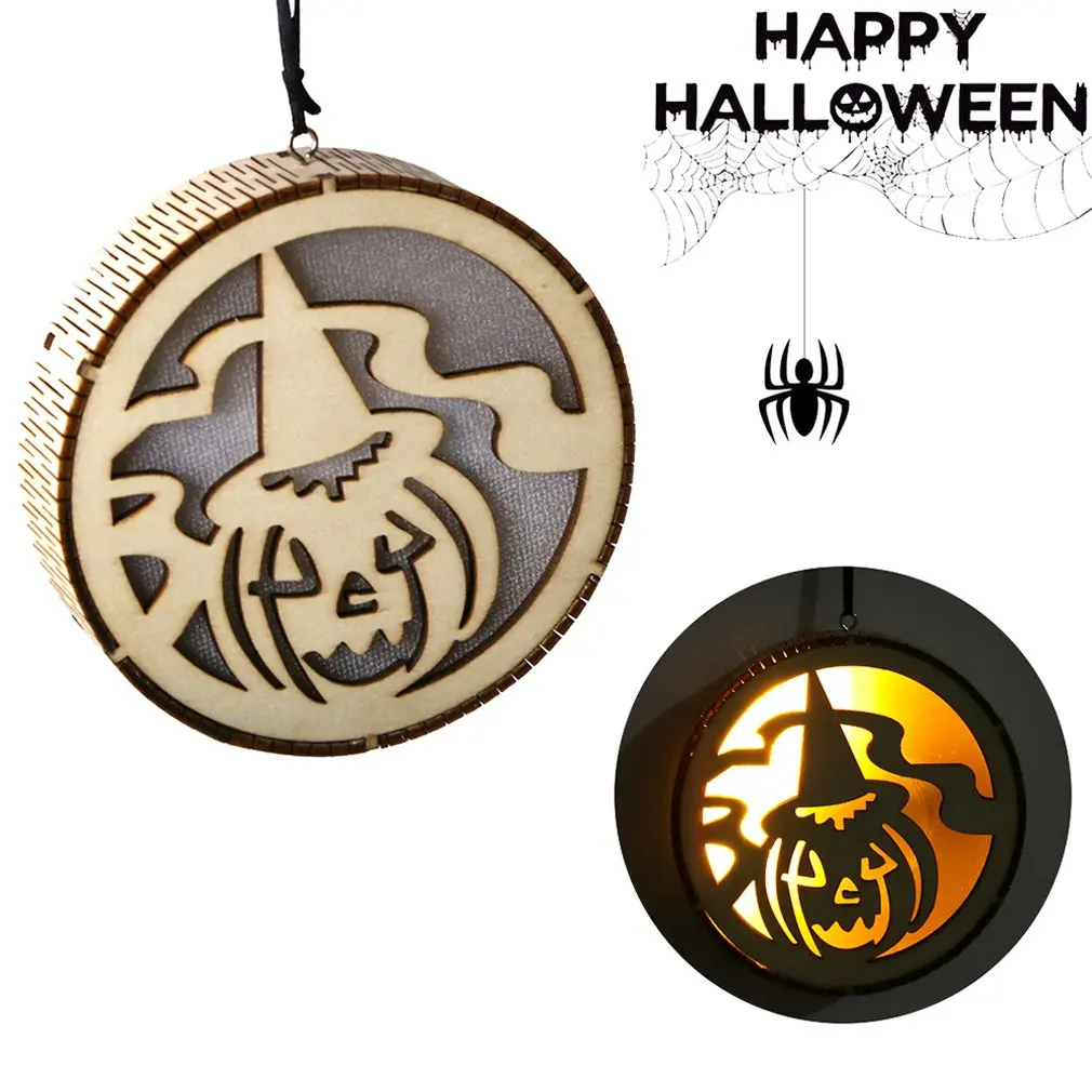 Wooden Halloween Round Cutout Pumpkin Man LED Light Pendant Laser Hollow Pumpkin Man Elf Haunted House Light Drop Shipping Sale