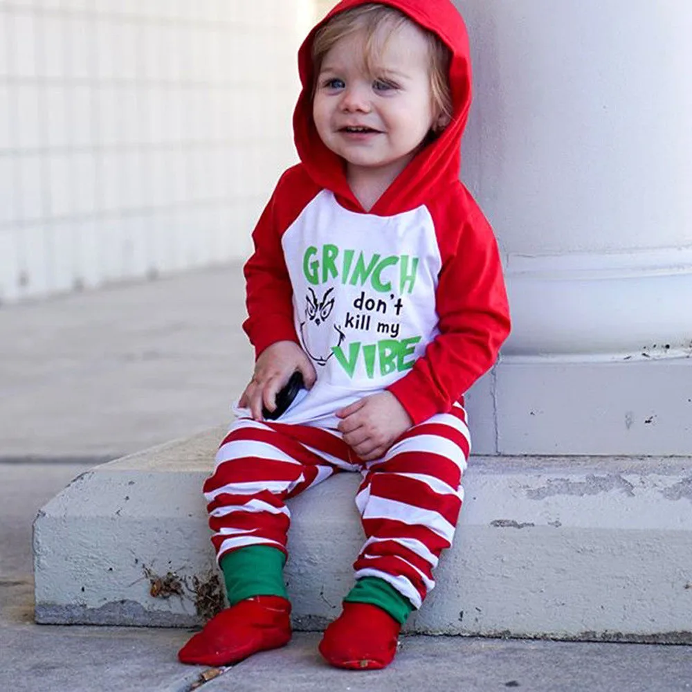 С надписью My first Christmas мальчик Новорожденные для маленьких мальчиков Одежда для девочек Детские Длинные рукава с капюшоном Свитшот с принтом+ Штаны комплект из 2 предметов, одежда для малышей