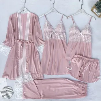 

5PCS Pajamas Set Lady Lace Patchwork Intimate Lingerie Sleepwear Sexy Satin Nightwear Silky Strap Top&Pants Kimono Bathrobe Gown