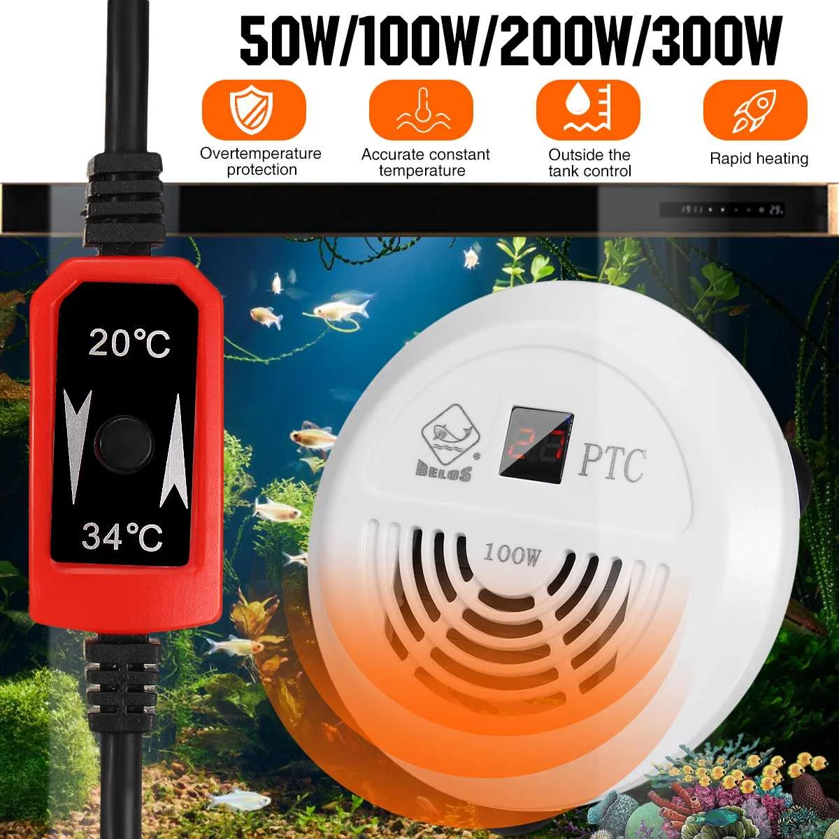 Интеллигентая(ый) Аквариум Нагреватель 50/100/200/300W погружной нагреватель топливного бака автоматическая постоянная Контроль температуры светодиодный вода теплее