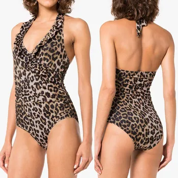 

Fashion Women Sexy Leopard Print Jumpsuit Ruffles Halter Bathing Suit For Lady Push-Up Padded Female Intimates Backless Biquini