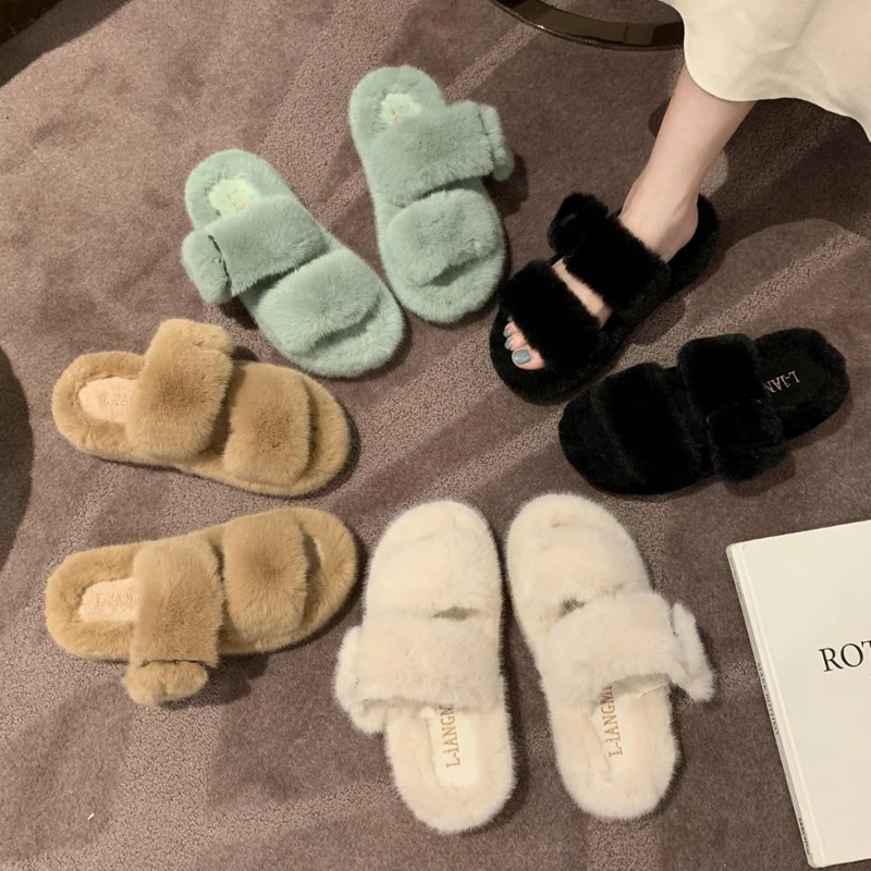 Drop Shipping Platform Fur Home Slippers Woman Plush Indoor Furry Shoes