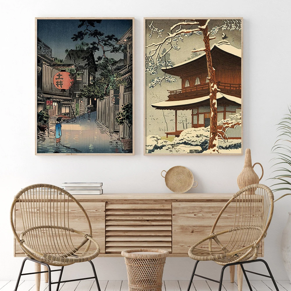 

Japanese Poster Izakaya Street Landscape Vintage Canvas Painting Snow Scenery Wall Art Pictures for Home Aesthetic Room Decor