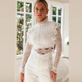 

White Sexy Hollow Out Lace Crop Top Blouse Women Autumn Long Sleeve Embroidery Shirt Fashion Zipper Stand Collar Chic Tops 2019