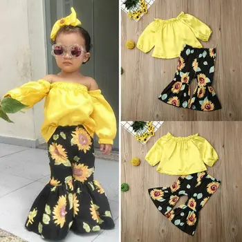 

Cute Infant Baby Girl Kid Flower Top Sunflower Flare Pants Summer Clothes Set