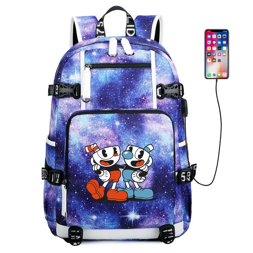 Игровой Cuphead Mugman школьная сумка с usb-зарядкой, Подростковая сумка через плечо для мальчиков и девочек, рюкзак для ноутбука, дорожная сумка рюкзак