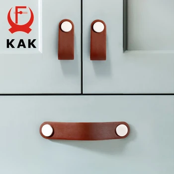 KAK Leather Cabinet Knobs and Handles for Kitchen Cupboard Door Pulls Black Brown Furniture Handle Wardrobe Dresser Knobs