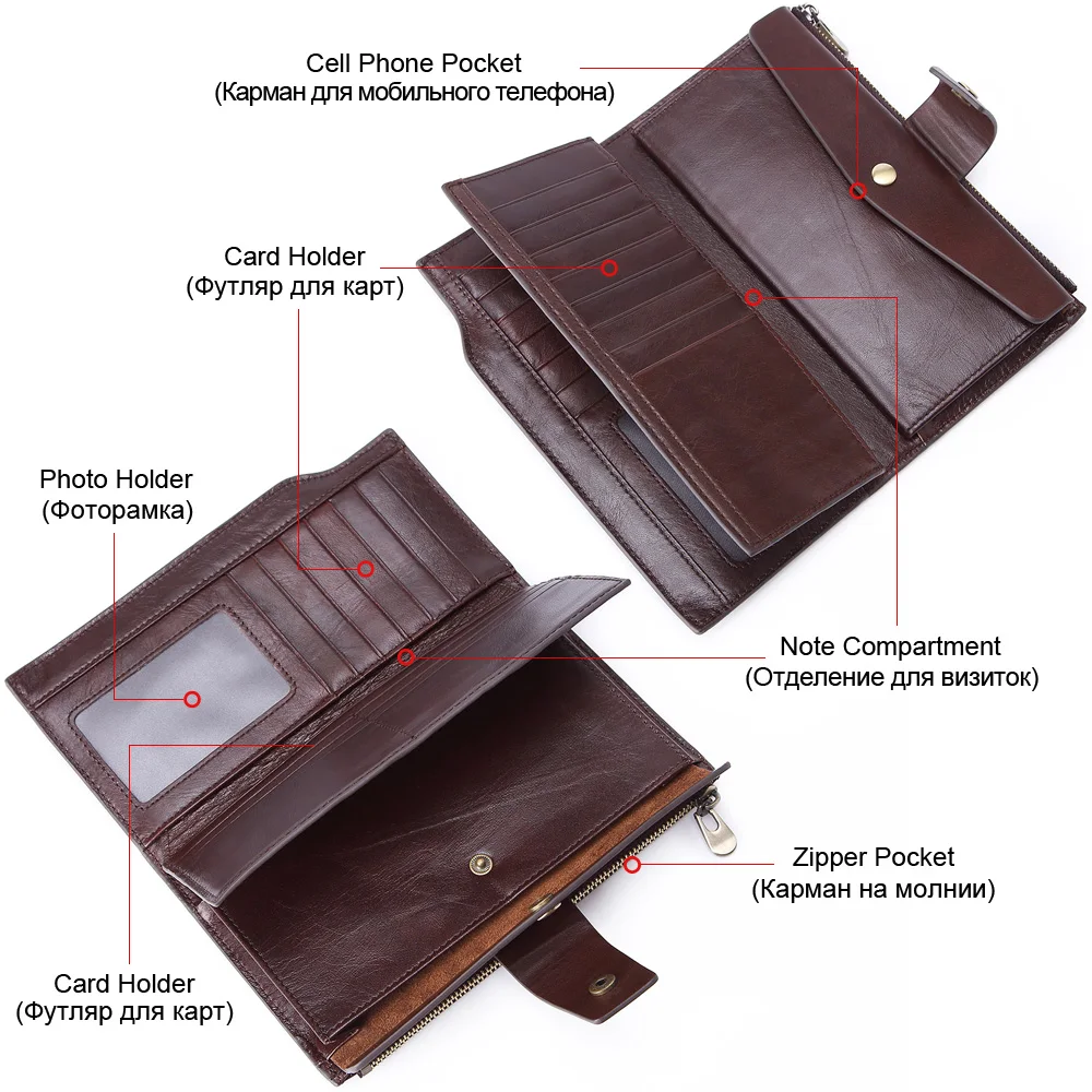 Flanker vintage long clutch wallets genuine leather organizer purse zipper pocket business male cell phone money bag card holder