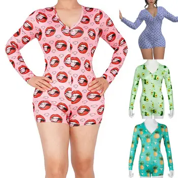 

Womens Sexy V-Neck Long Sleeve Bodycon Casual Peachy Spicy Print Button Sleepwear Jumpsuit Shorts Romper Leotard