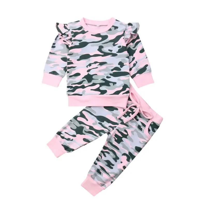 Камуфляжная одежда для маленьких девочек из 2 предметов топы с длинными рукавами, футболка и штаны осенний комплект одежды