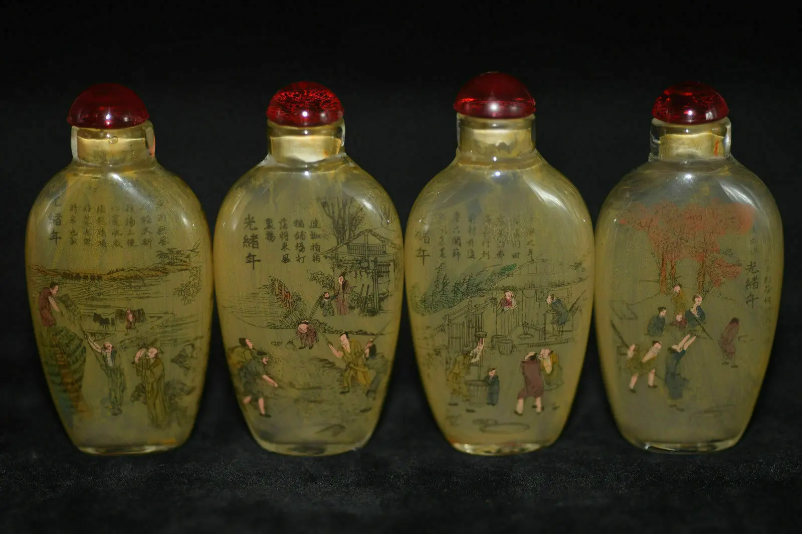 4pc Chinese folk Inside painting Guangxu Male farming glass snuff bottle