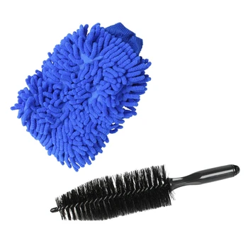 

1 Pair Premium Microfiber Chenille Super Absorbent Wash and Wax Glove,Car Wash Mitts Blue & 1Pcs Black Truck Car Auto Wheel Tire
