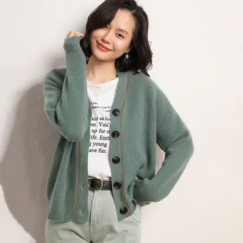 

100% Cashmere Long Sleeves Sweater Women Female Sweater V-neck Sexy Autumn Winter Knitting Cardigan Warm Thickening Sweater