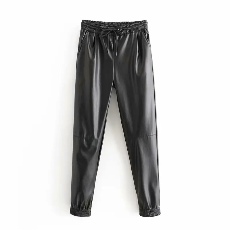 Осенне-зимние штаны для бега из искусственной кожи, брюки-карандаш с эластичной талией, женские брюки с высокой талией, уличная одежда - Цвет: black