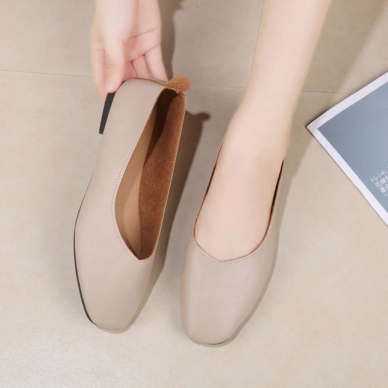 Women's Nursing Shoes - Candy Color Leather Flats, Nude Casual Square Toe Loafers, Retro Slip-On Comfort, Black image 4