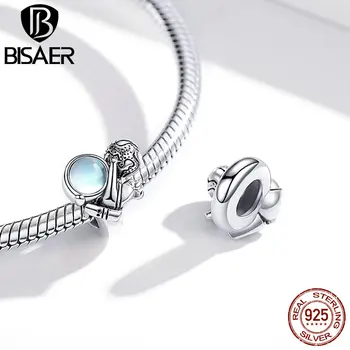 

BISAER 925 Sterling Silver Spaceship & Astronaut Blue Moonstone Charms Fit Original Silver Bracelets Fine Jewelry Making HSC1694