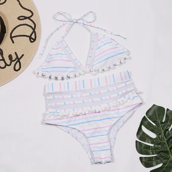 

Lady's Summer Style Bikini Pom Balls Padded Push Up Top High Waist Bottom Bikinis Women Swimsuit Bathing Suit Swimwear Biquini