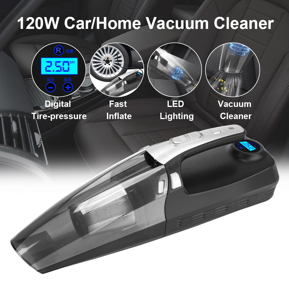 

With Digital Display with LED Lighting Inflator Pump 4 in 1 Car Vacuum Cleaner 12V 120W High Suction