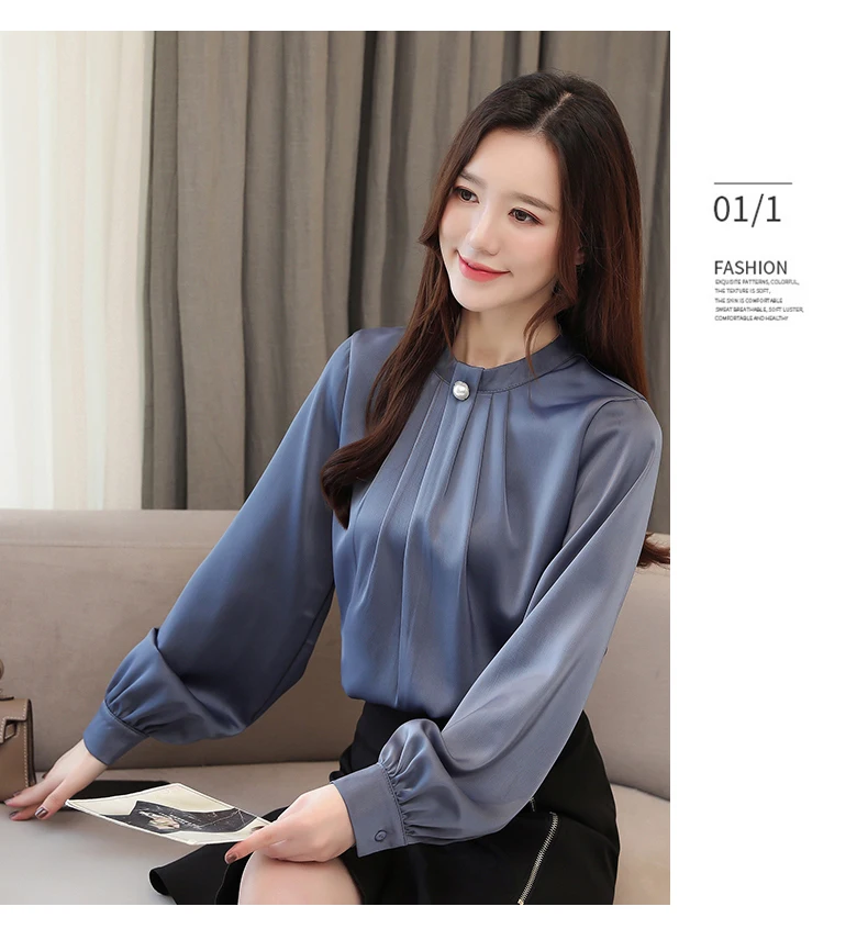 Autumn New Arrival Fashion Stand Collar Solid Color Long Sleeve Woman Chiffon Blouse Plus Size S-3XL