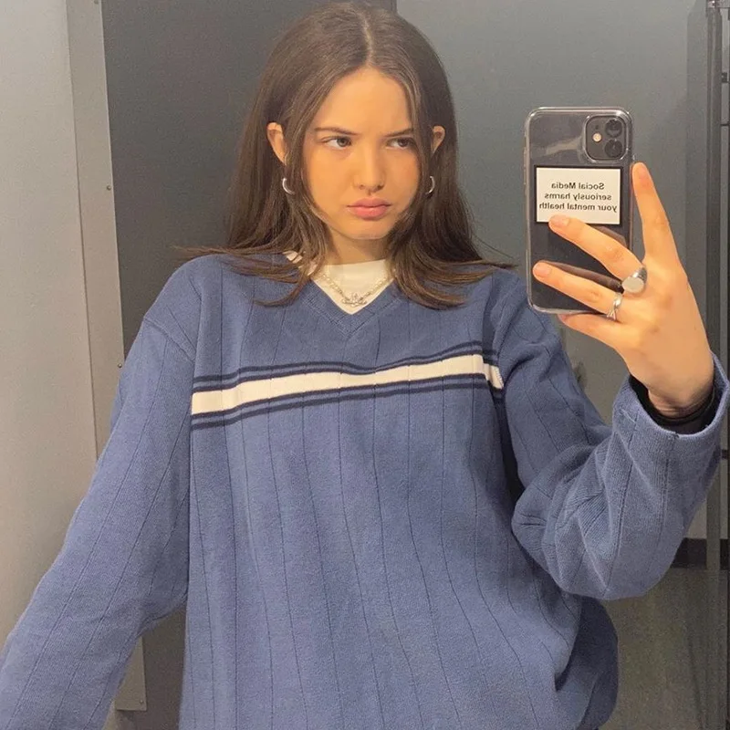 Striped V Neck Oversized Sweater Women Casual Loose Knitted Jumper Ladies Preppy Style Vintage Korean Knitwear Autumn | Женская одежда