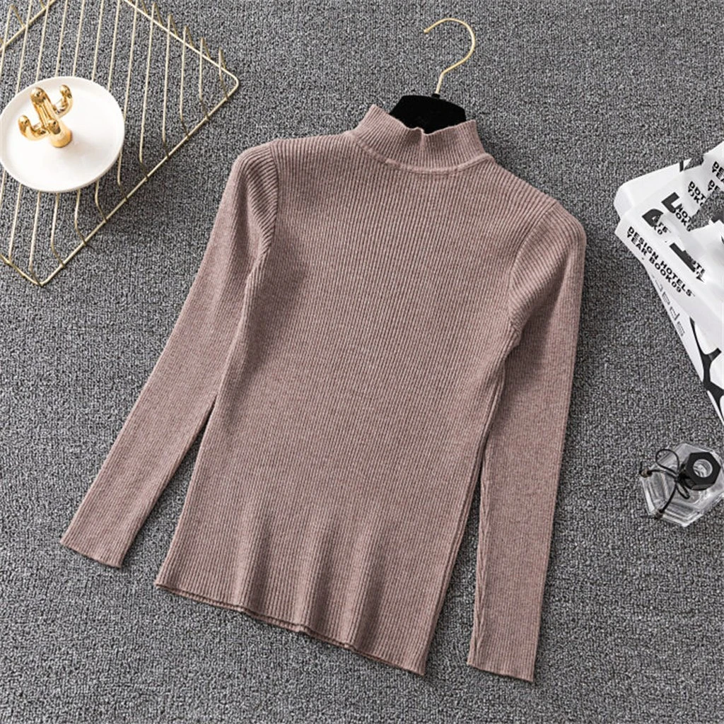Fashion Blouse Women Top Korean Harajuku Long-sleeved Knitting Shirt  Solid Color Slim Semi-High Collar Elegant Shirts 826