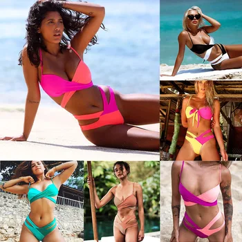 

2020 sexy cross-band color matching lace-up split bikini swimsuit ladies