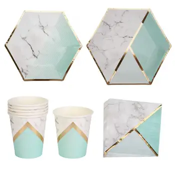 

Mint Green Gold Foil Disposable Tableware Napkins Paper Cup Plate Foil Party Decorative Christmas New Year Party Supplies