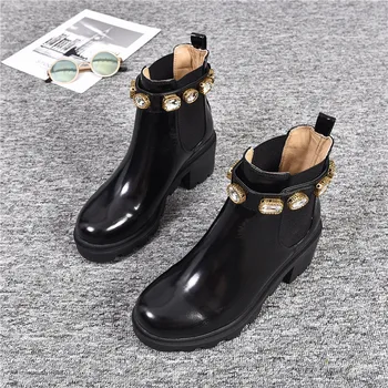 

Boots Women Zapatos De Mujer Round Toe Female Shoes Slip On Botas Mujer Rhinestone Ankle Boots Med Heel Leather Boots Elastic