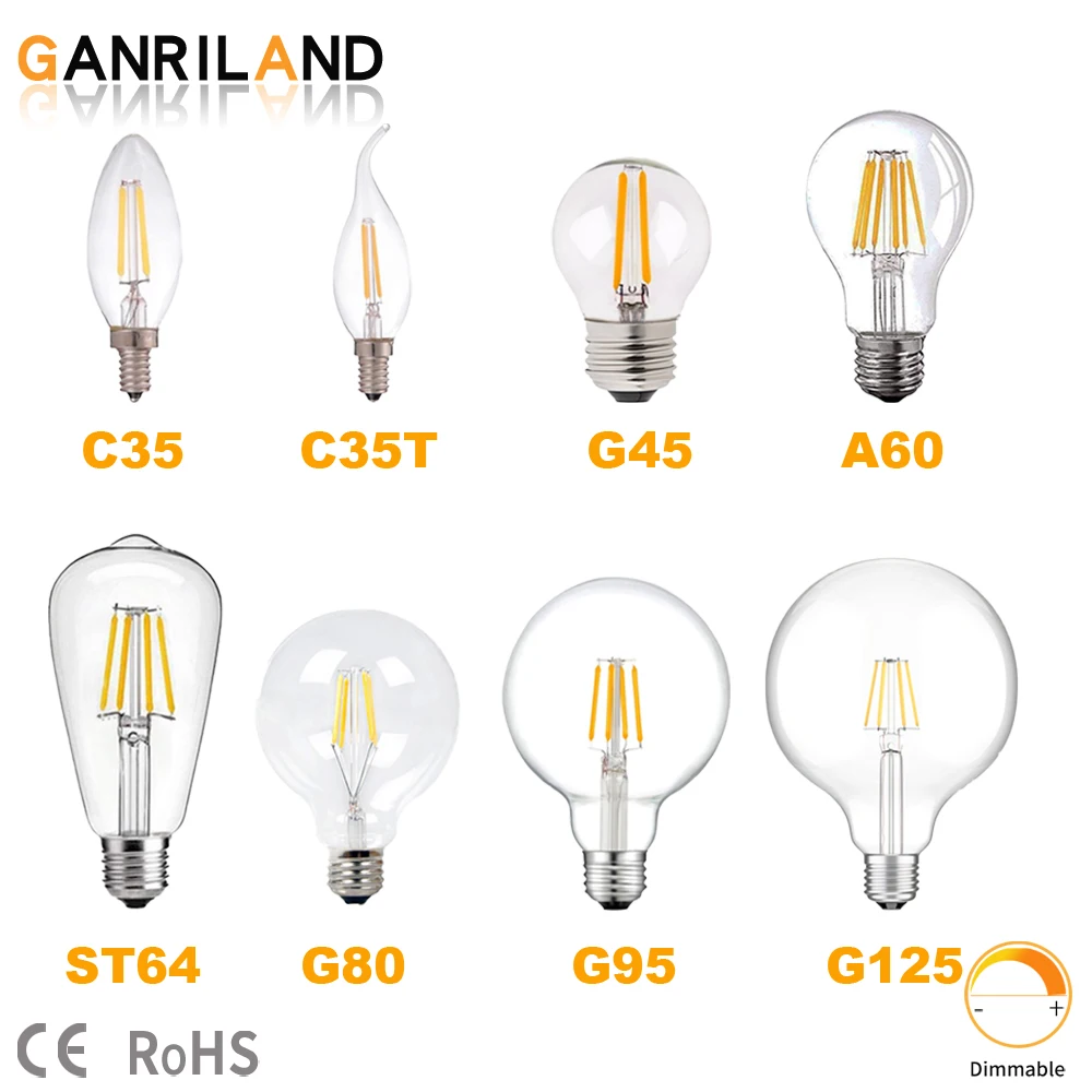 Ganriland E27 E14 Edison LED Filament Bulb Lamp 220V Light C35 G45 A60 ST64 G80 G95 G125 Glass Vintage Candle | Освещение