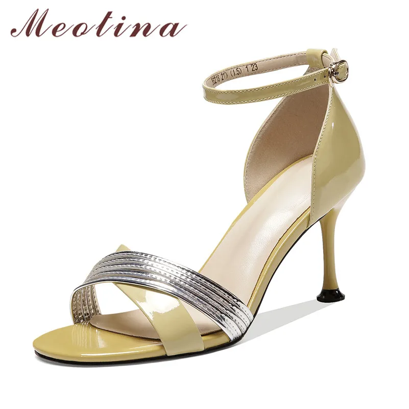 

Meotina Ankle Strap Shoes Women Real Leather High Heel Sandals Bling Stiletto Heels Shoes Ladies Summer Sexy Sandals Yellow New