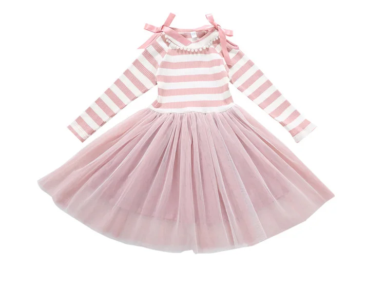 2020 Big Girls Casual Cotton Dress Little Kids Stripe Long Sleeve Mesh Dress Children School Clothes for 5 6 7 8 9 10 11 12 year (3)