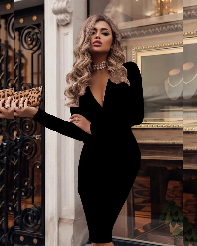 

Fashion Women Summer Long Sleeve Bandage Stretch Bodycon Plain Deep V Evening Party Short Dress Beige Black Green Red
