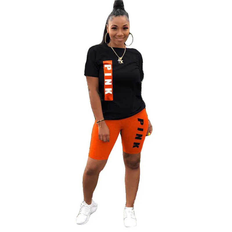 2 Piece Set Color-Blocking Letter Printed T-Shirts Tops Shorts Set Casual Cute Sports Women Clothing Sets Summer Wholesale Items pant suit