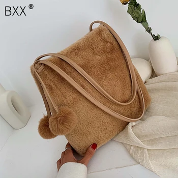 

[BXX] Faux Fur Bags for Women 2020 Winter Soft Small Crossbody Shoulder Bag Women's Branded Trending Handbags and Purses HP499