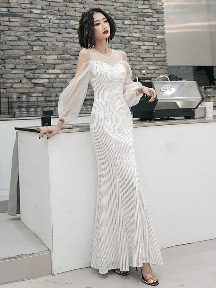 Белое длинное вечернее платье Тюлевое элегантное с длинными рукавами вечерние