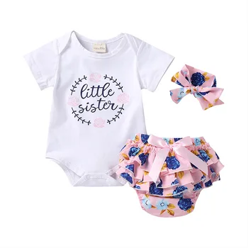 

Newborn Baby Girls Outfits Clothes Short Sleeve Letter Printed Jumpsuit Bodysuit+Pants+Headband Set One-Piece Suit Wholesale