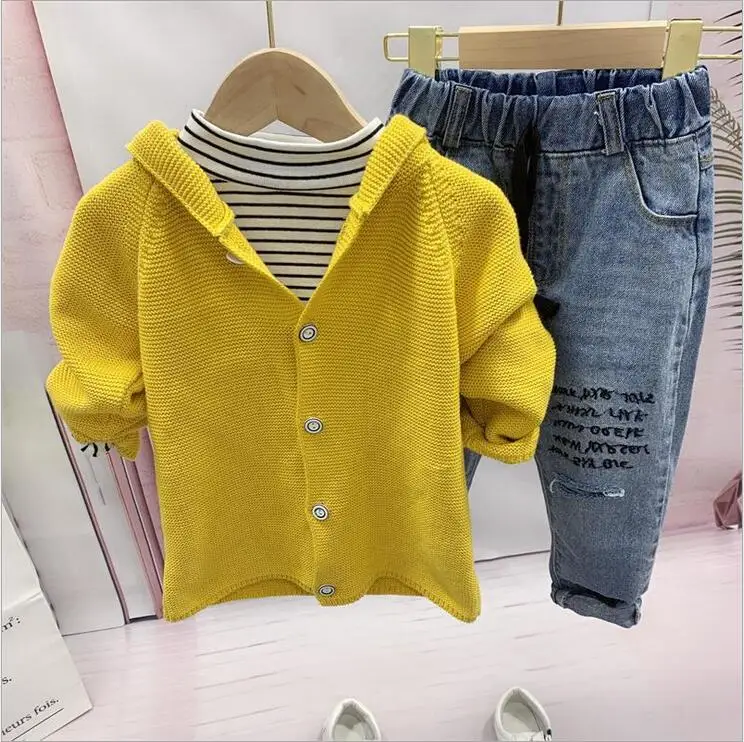 3pcs sets Весенний комплект детской одежды, кардиган с капюшоном для мальчиков, полосатая футболка, джинсы, костюмы из 3 предметов, спортивная детская одежда, Модный комплект для маленьких мальчиков - Цвет: 3pcs sets