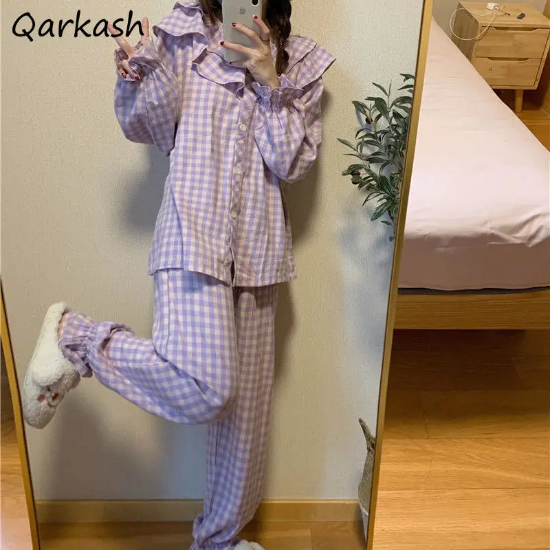 

Pajama Sets Women Plaid Long Sleeve Autumn Vintage Japan Style Lovely College Loose Casual Basic Soft Lounge Female Sleepwear