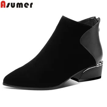 

ASUMER 2020 new ankle boots women pointed toe suede leather boots med heels zip autumn winter boots womens big size 34-42