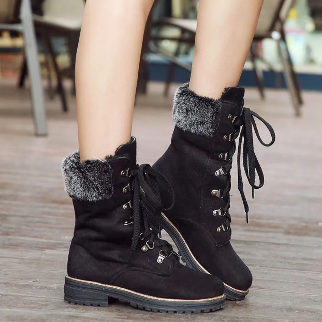 2019 Women Ankle Boots Low Heel Lace-Up Plush Warm Waterproof Snow boots Winter Suede Flock Boot Casual Shoes #108 | Обувь