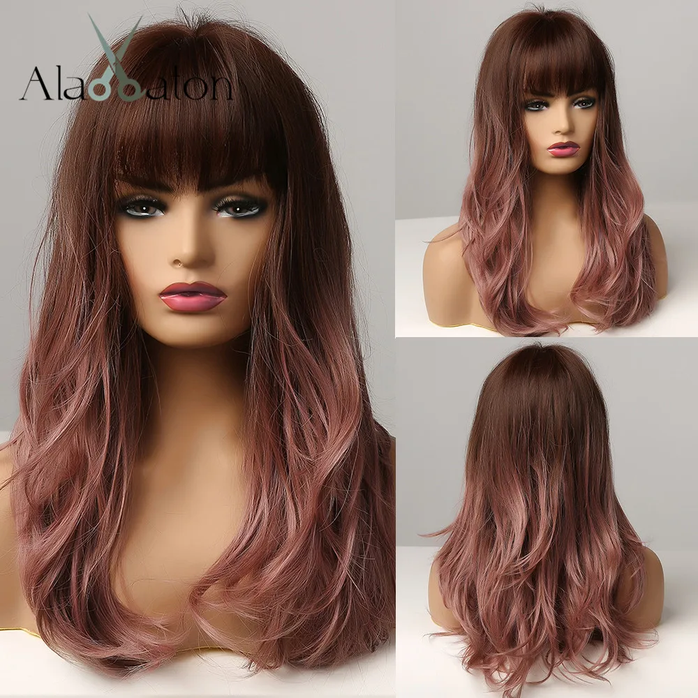 

ALAN EATON Ombre Dark Brown Purple Red Long Wavy Wig with Bangs for Women Cosplay Heat Resistant Natural Synthetic Hair Wigs