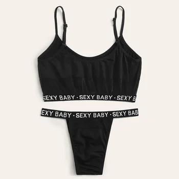 

2 Pcs Set Sexy Women's Black Letter Printed Bra Wrap Underwear Set Pajamas Sexy Lingerie Bra + Tongs Suit Female