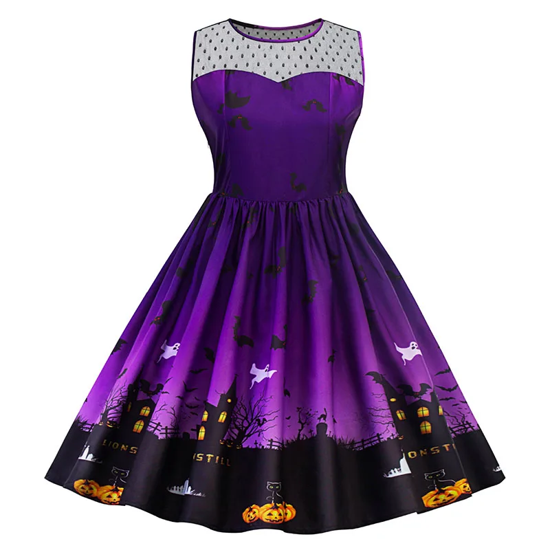 Halloween Pumpkin Bat Festival Tank Swing Dress Patchwork Lady Girls Sleeveless Mesh Lace Insert Cotton Top Plus Size 4XL 5XL