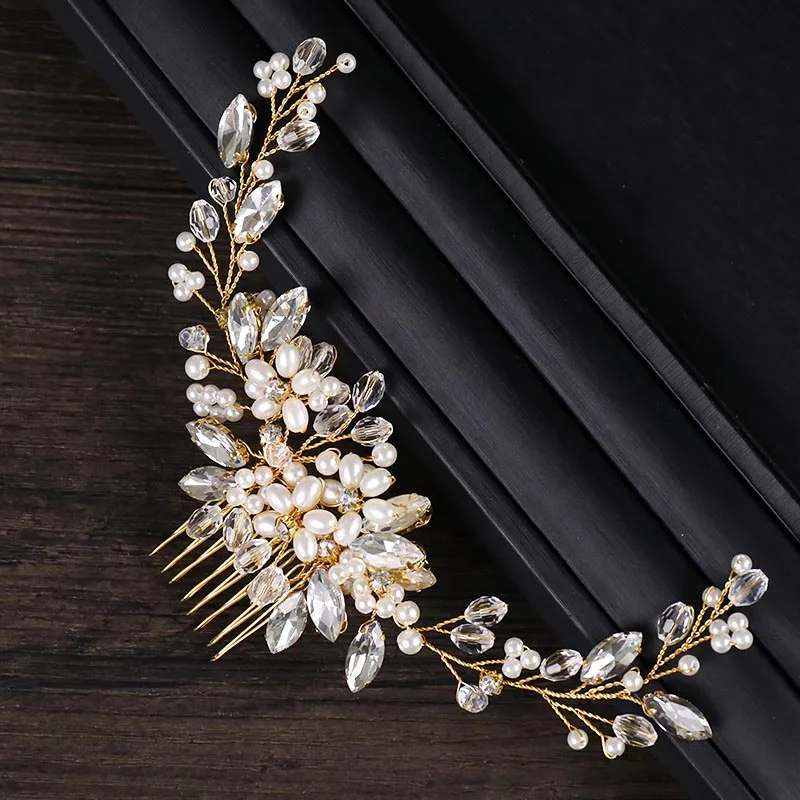 New Design Gold Wire Crystal Simulated Pearl Beads Hair Combs Headwear for Bridal Bride Wedding Veil Jewelry Accessories | Украшения и