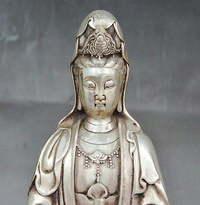 912+++ 1" Китайский буддизм Серебряная ваза Kwan-yin Guan Yin Boddhisattva статуя богини