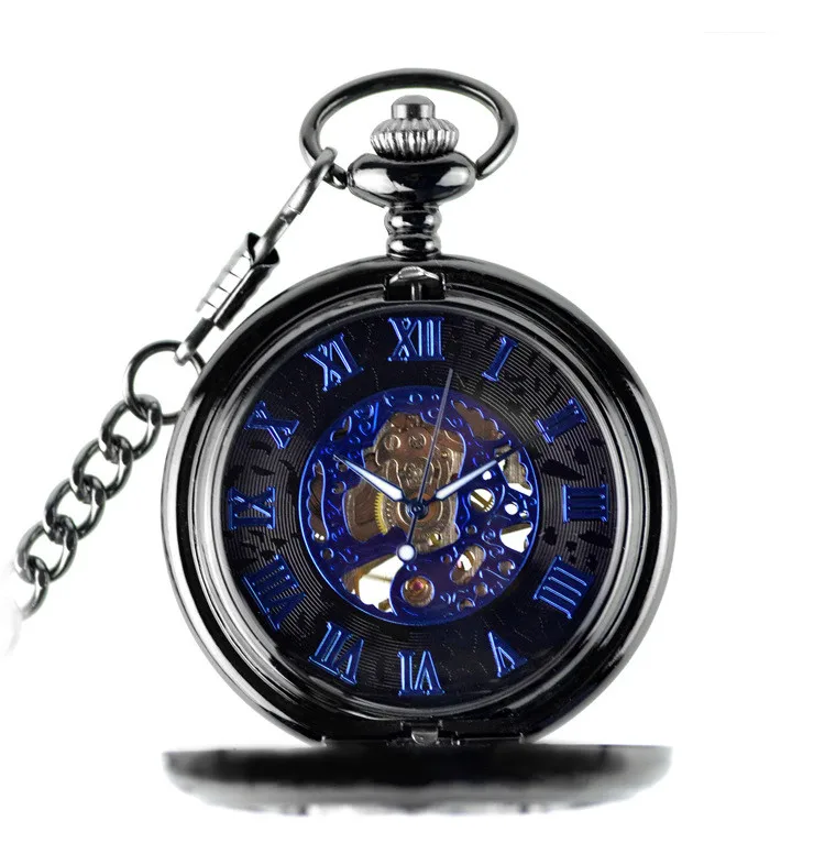 Женские Мужские часы синие Механические карманные часы псевдо-антиквариат Скелет Мужские антикварные Роскошные брендовые ожерелья карманные часы цепочка